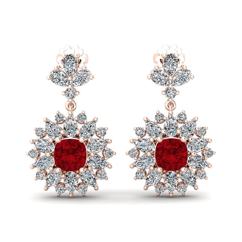Pendientes 14k Oro Rosa Circonita Roja Premium