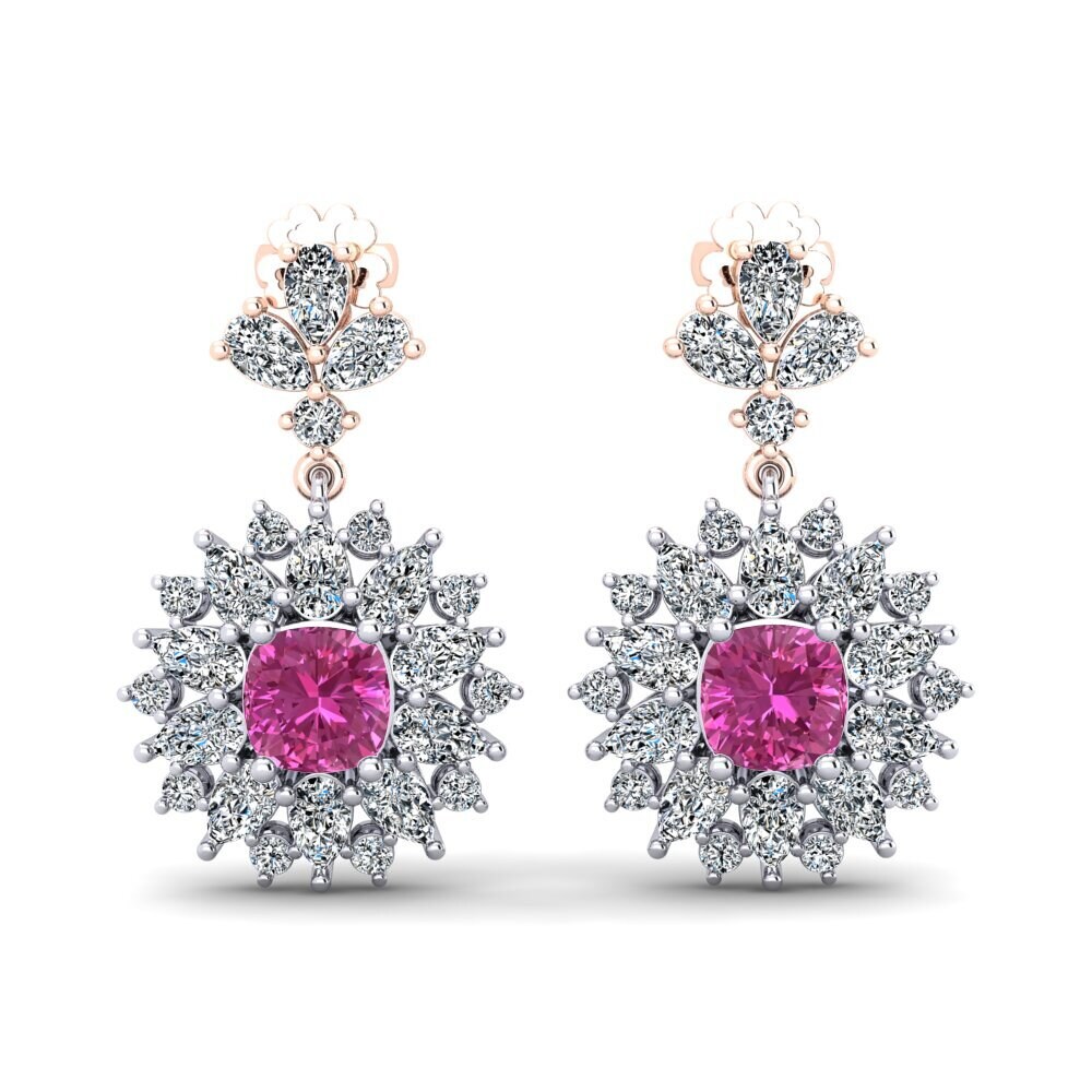 Pendientes 14k Oro Blanco & Rosa Topacio Rosa Premium