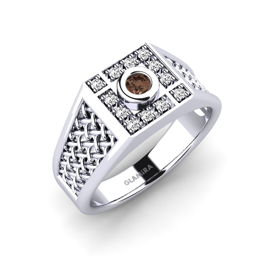 White Silver Smoky Quartz Men's Ring Dino