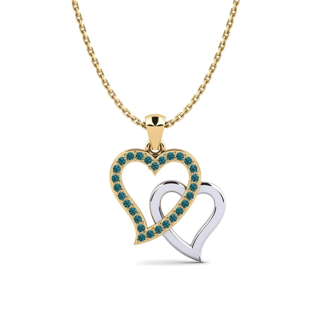 COLGANTES 14k Oro Amarillo & Blanco Diamante Azul Corazón