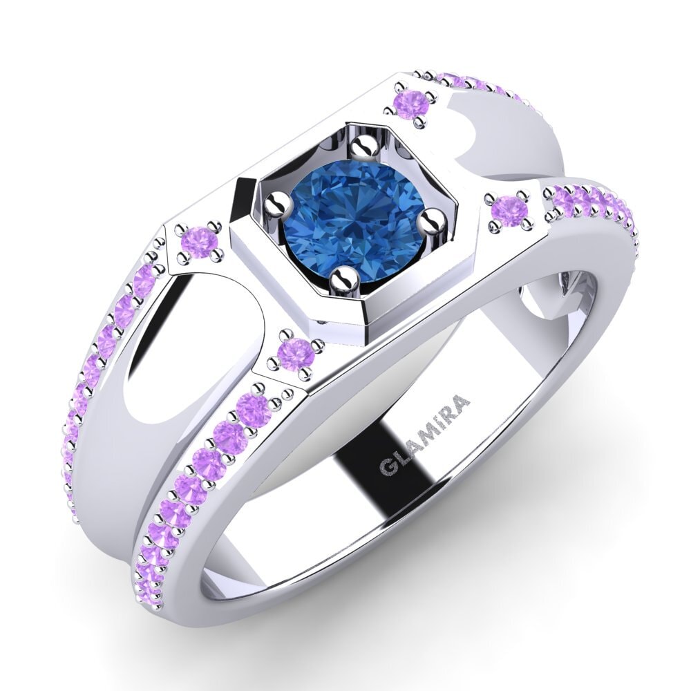 Oro Bianco 585 Zircone Blu Scuro Anello da uomo Dragos