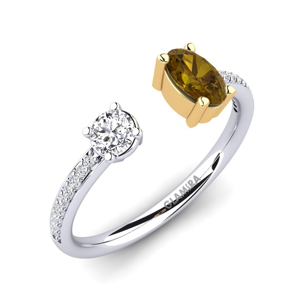 Or Blanc & Jaune 9k Zircon Brun Bague Ellvira