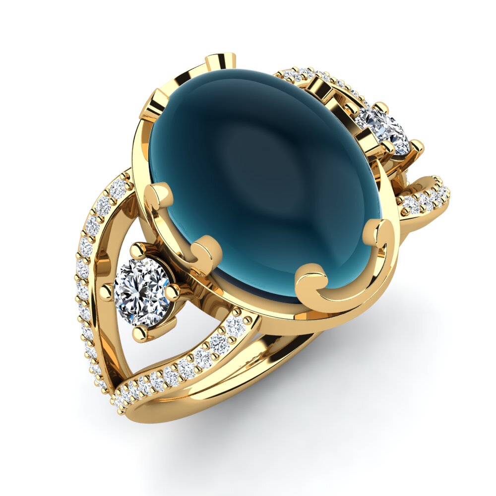 18ct Yellow Gold Cabochon London Blue Topaz Ring Elwanda