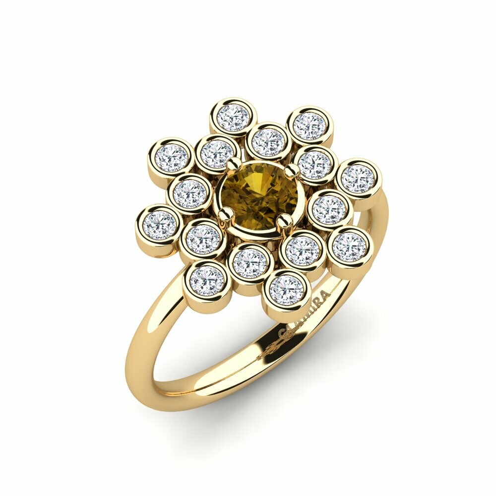 Or Jaune 18k Zircon Brun Bague Etabili