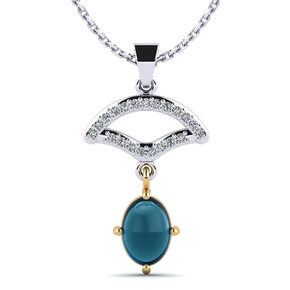 14ct White & Yellow Gold Cabochon London Blue Topaz Women's Pendant Female