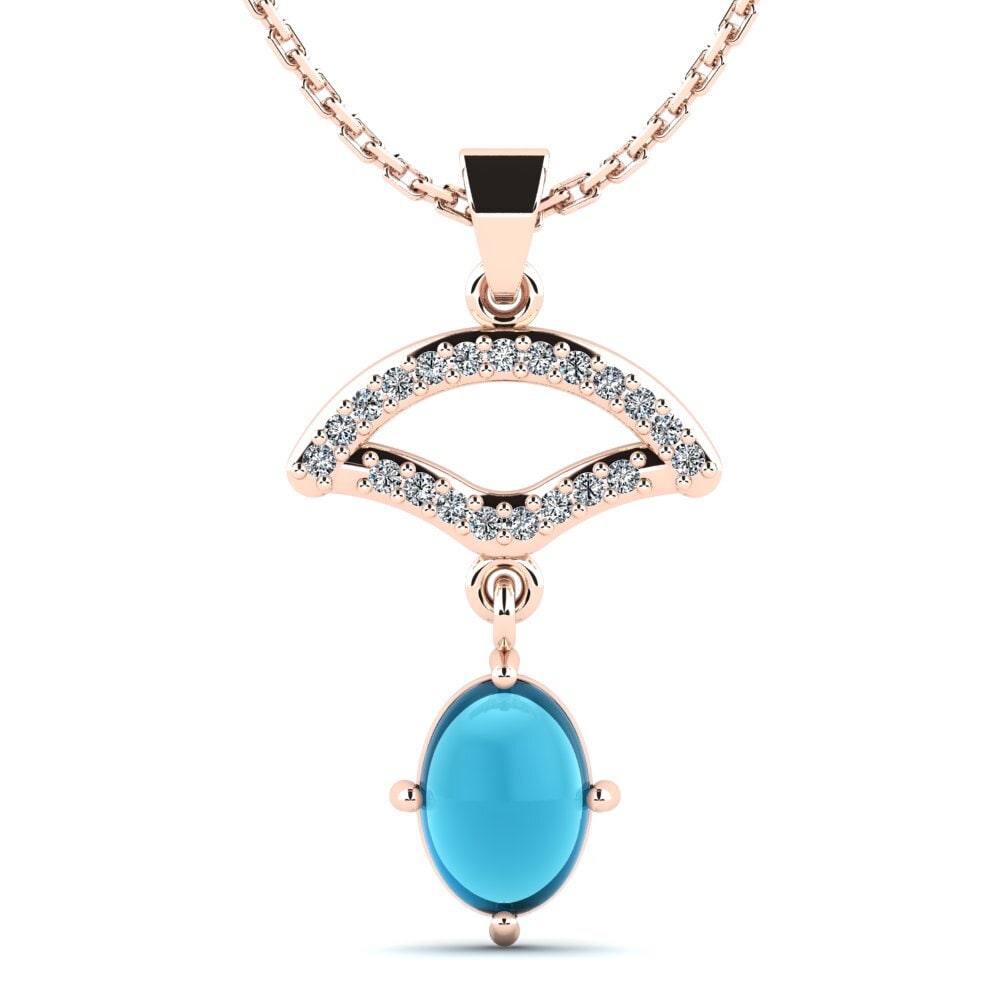 14k Oro Rosa Topacio Azul Cabujón Colgante de Mujer Female