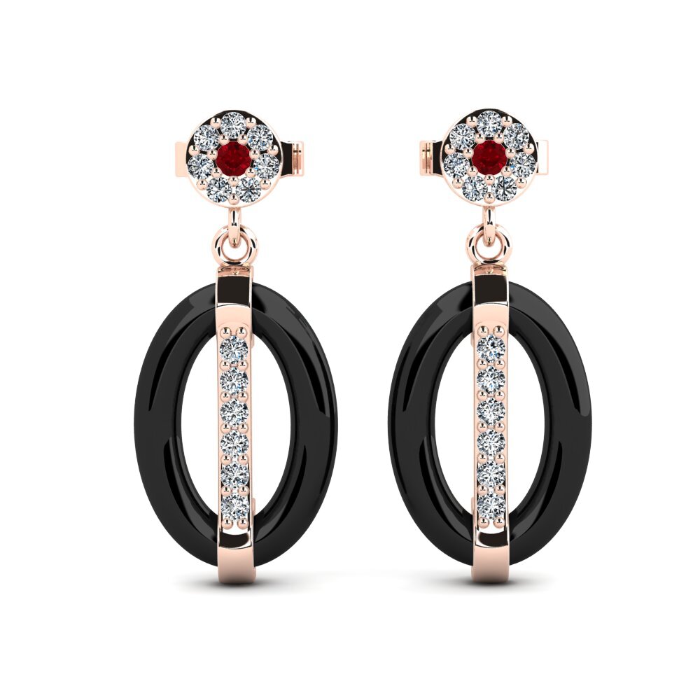 Pendientes 14k Oro Rosa Circonita Roja Cerámica