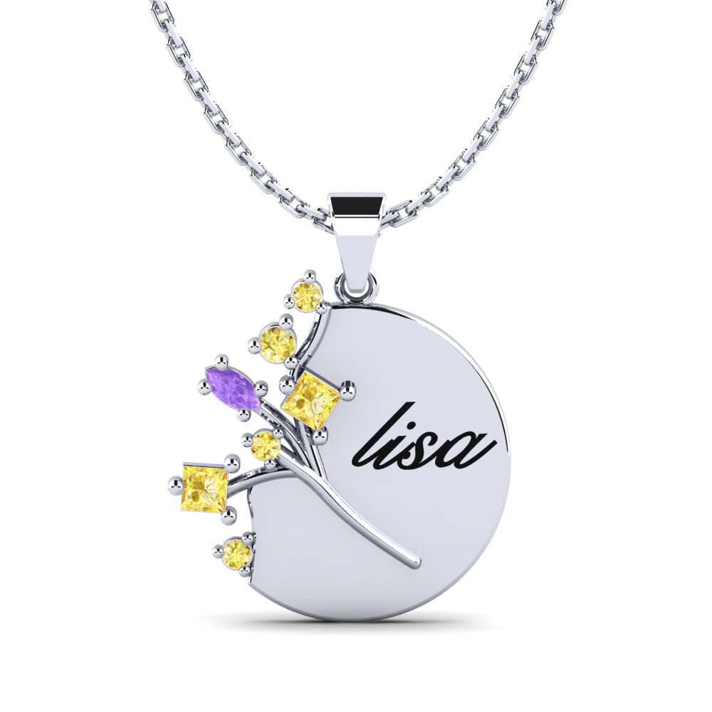 14k Oro Blanco Zafiro amarillo Colgante de Mujer Flor