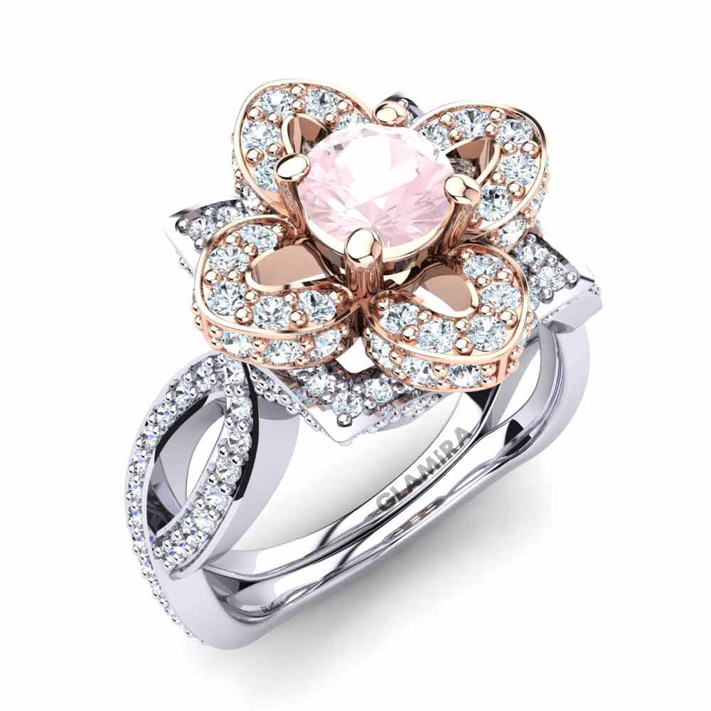 Or Blanc Rose9k Ronde Quartz Rose Bague de fiançailles Blossom