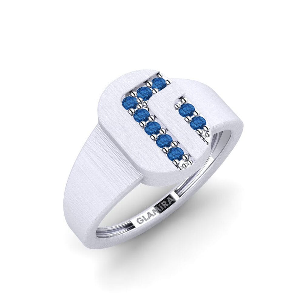 14k Oro Blanco Circonita Azul Oscuro Anillo de dedo meñique para hombre Forssa