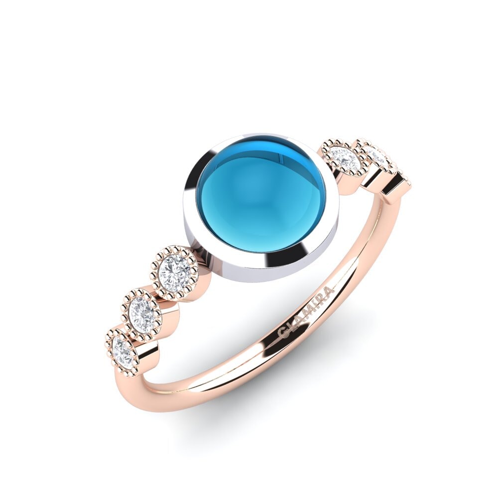 Červené & bílé Zlato 375 Kabošon Modrý Topaz Prsten Franisbel