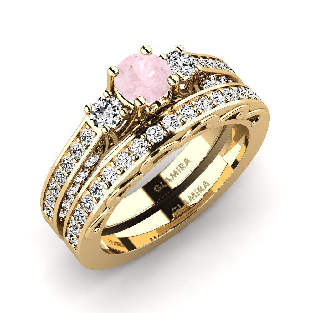 14k Oro Amarillo Cuarzo rosa Set de Anillos Gemmiferous