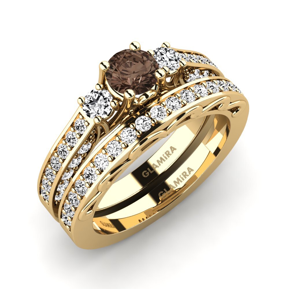 14k Oro Amarillo Cuarzo humo Set de Anillos Gemmiferous