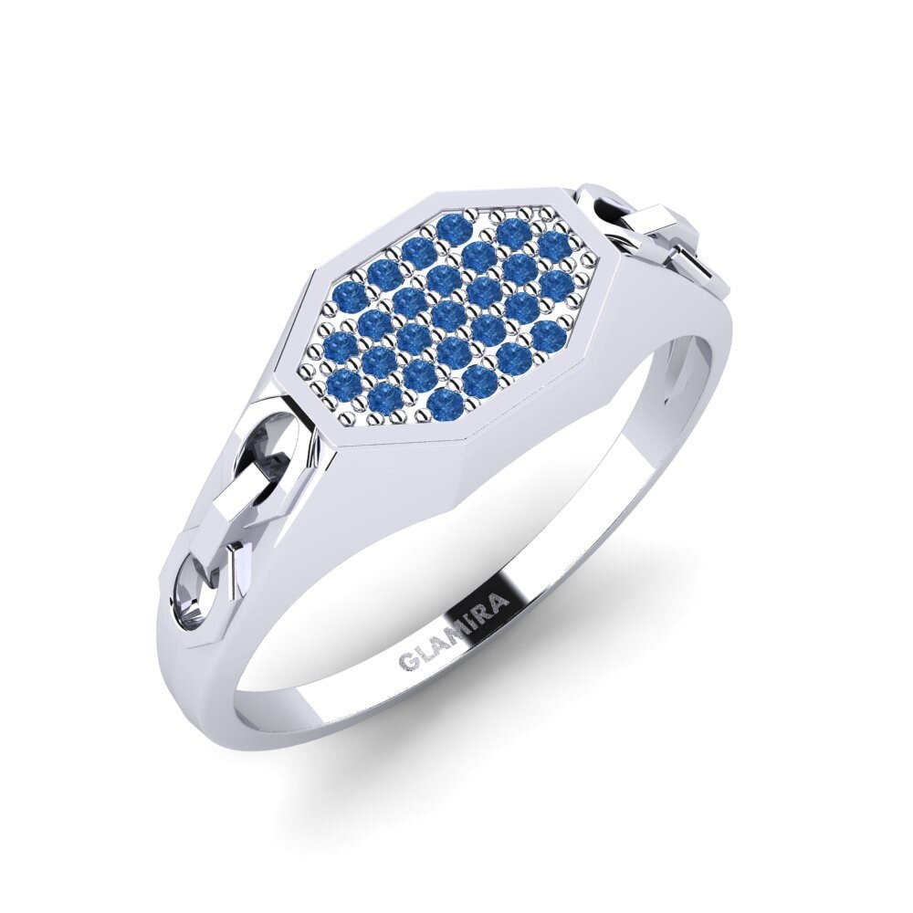 14k Oro Blanco Circonita Azul Oscuro Anillo de Hombre Genevan