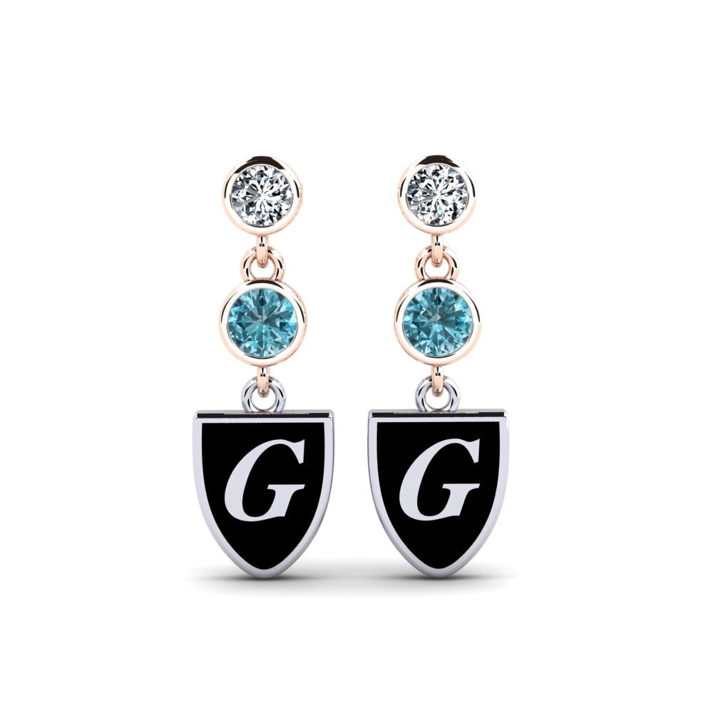 Pendientes 14k Oro Rosa & Blanco Circón Azul Inıcıal y Nombre