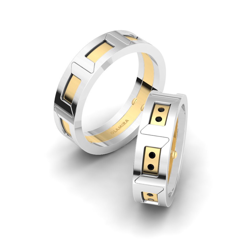 14k White & Yellow Gold Black Diamond Wedding Ring Glamorous Destiny 6 mm