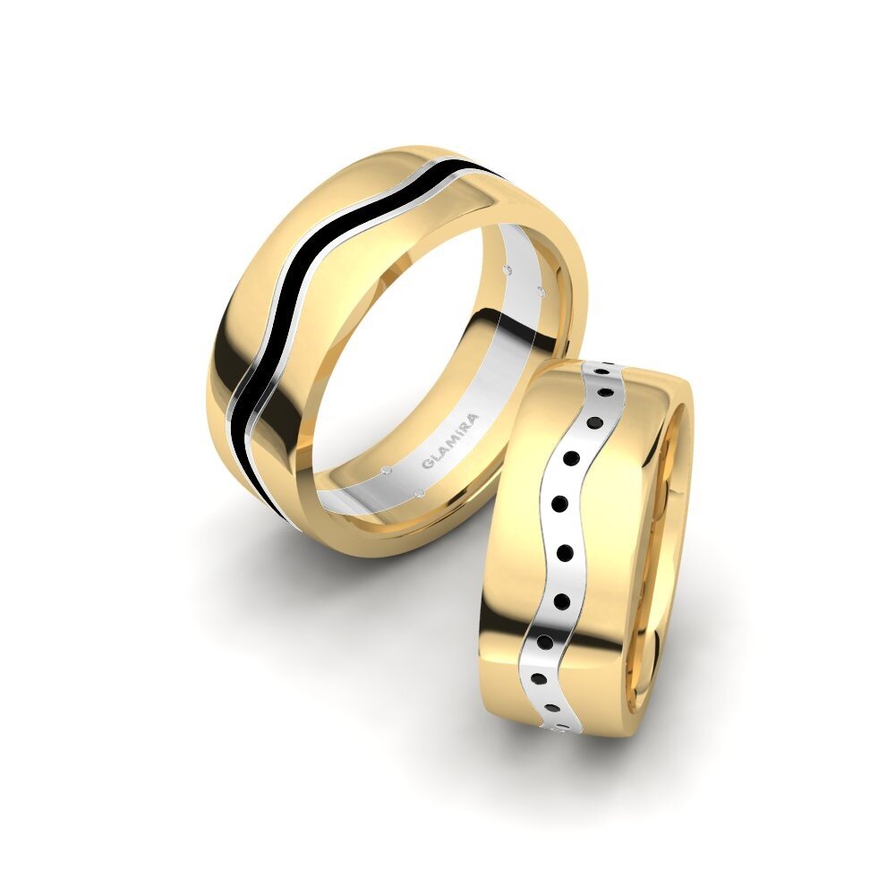 14k Yellow & White Gold Black Sapphire Wedding Ring Glamorous Heart 8 mm