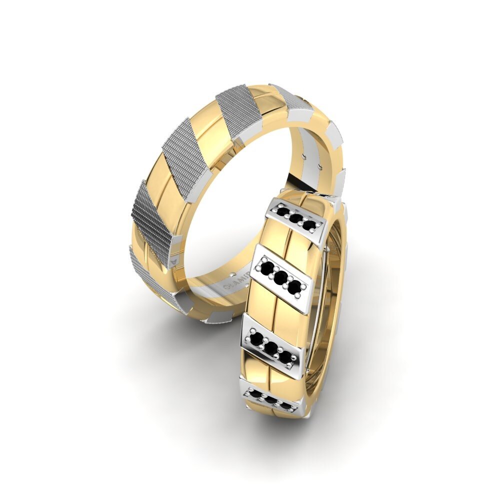 14k White & Yellow Gold Black Diamond Wedding Ring Glamorous Swirl 6 mm