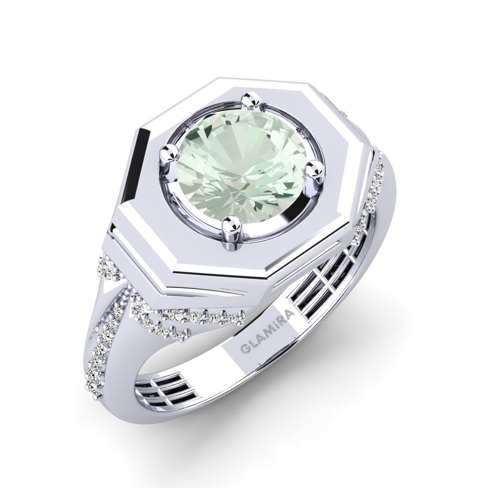 18k Oro Blanco Amatista verde Anillo de Hombre Gomes