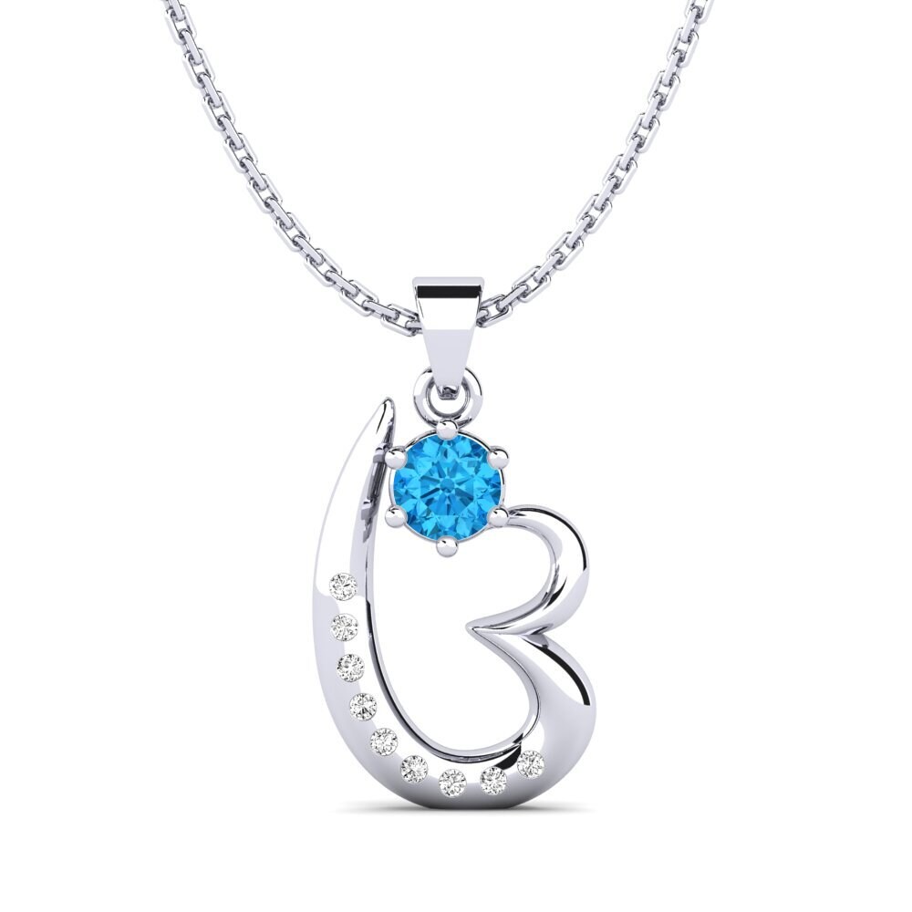 Pendentif Or Blanc 9 Carats Avec Diamant Et Topaze Bleue - 15mm X 7mm, Neuf Avec étiquettes