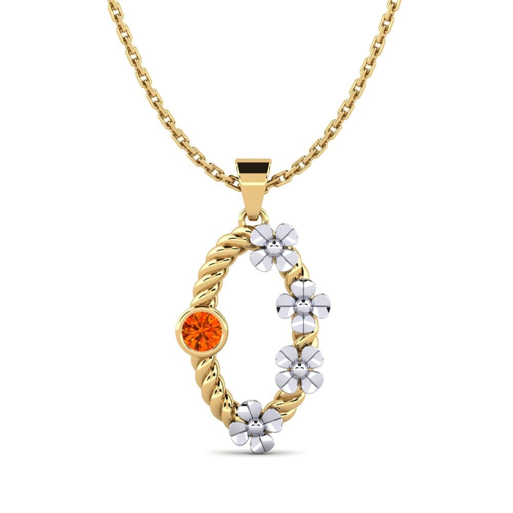 14k Oro Amarillo & Blanco Zafiro Naranja Colgante de Mujer Greq