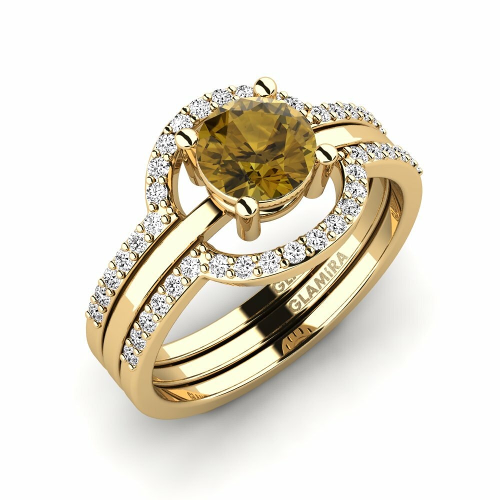 Or Jaune 18k Zircon Brun Bague Gugarw - SET