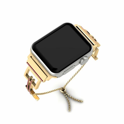 Dây đai Apple Watch® Guilloche - B Stainless Steel / 585 Yellow Gold & Đá Swarovski Đỏ