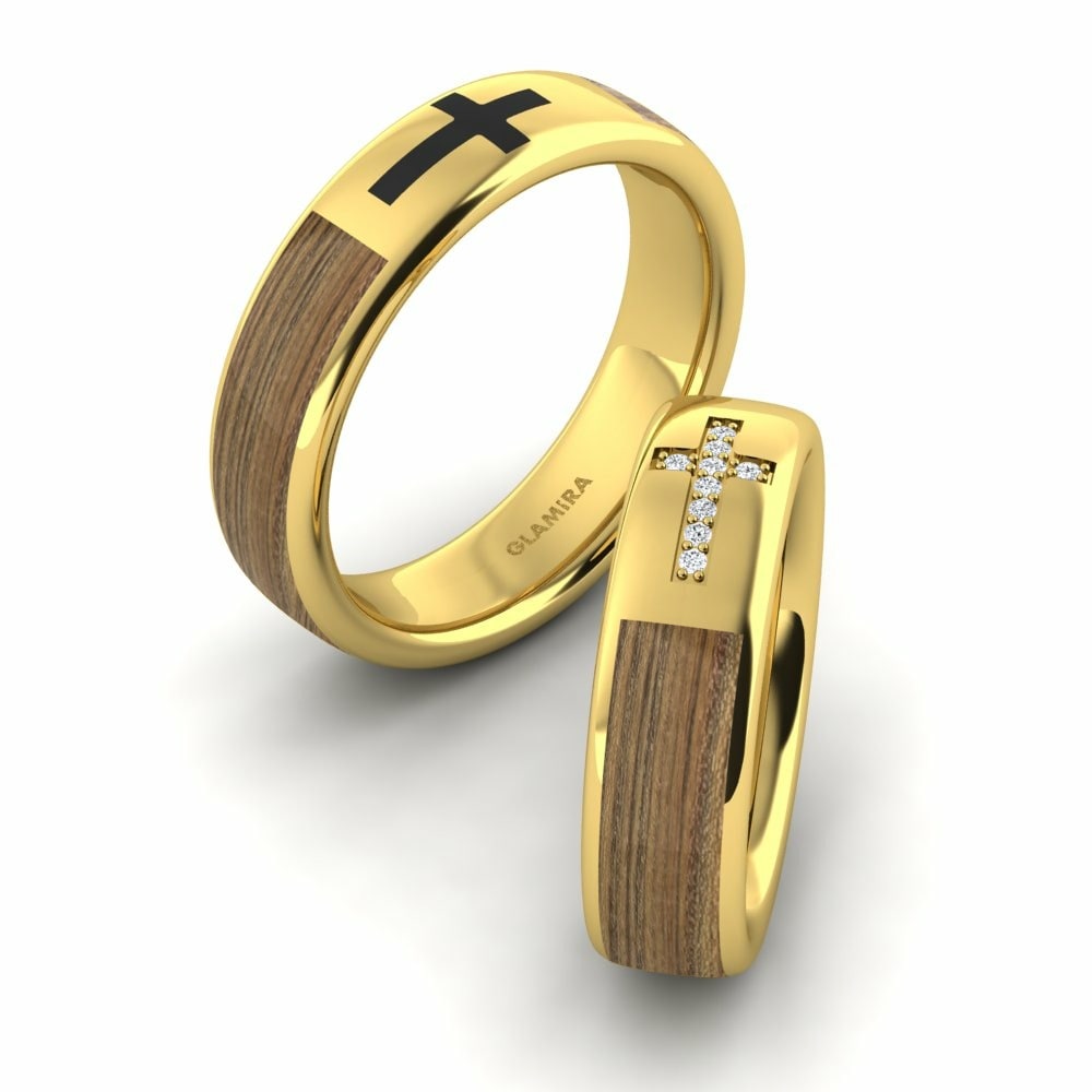 Wood & Carbon Wedding Rings Confident Light 6 mm 585 Yellow Gold Zirconia