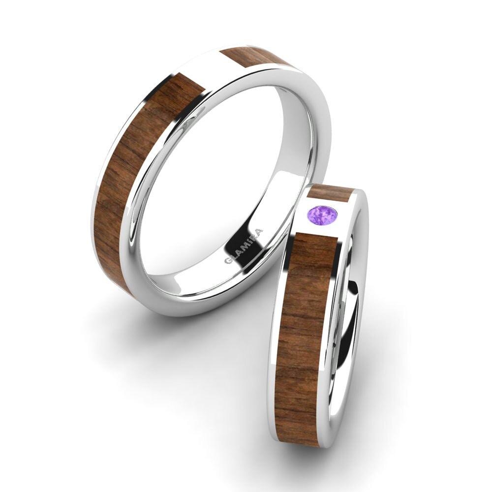 Wood & Carbon Amethyst Wedding Rings