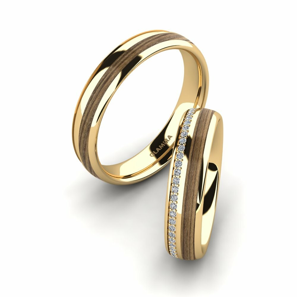 Wood & Carbon Wedding Rings Peaceful Twinkle 5 mm 585 Yellow Gold Zirconia