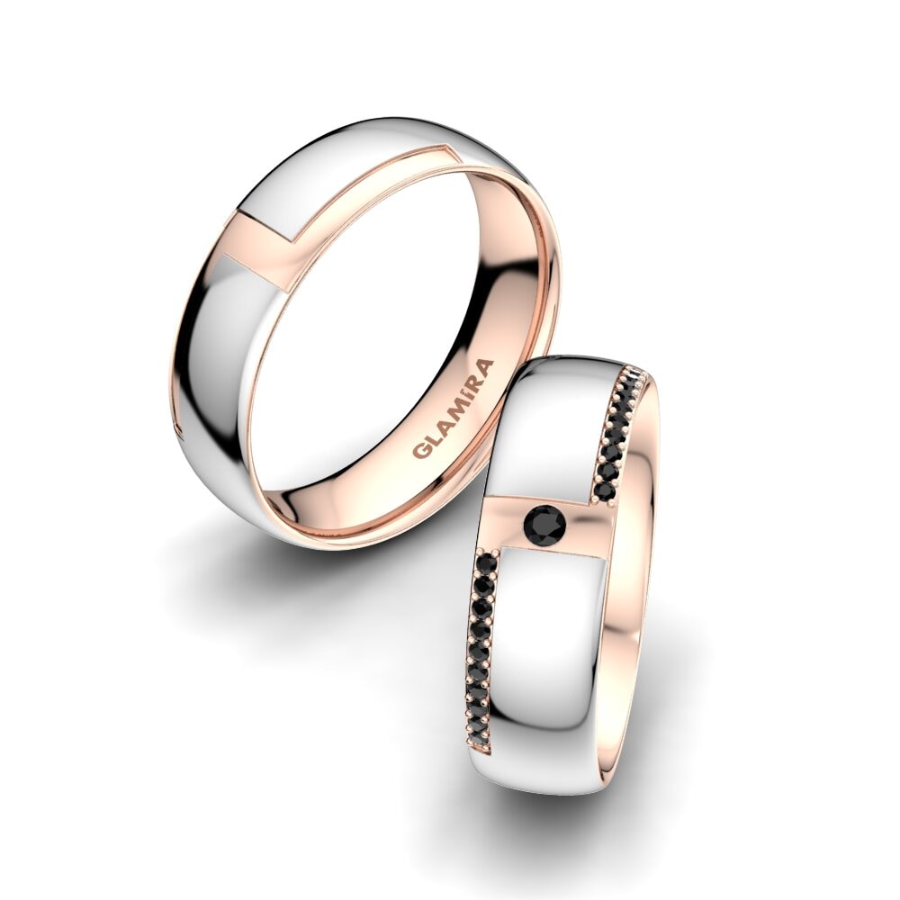 14k Oro Blanco & Rosa Ónix Negro Anillo de boda Sensual Waves 6 mm