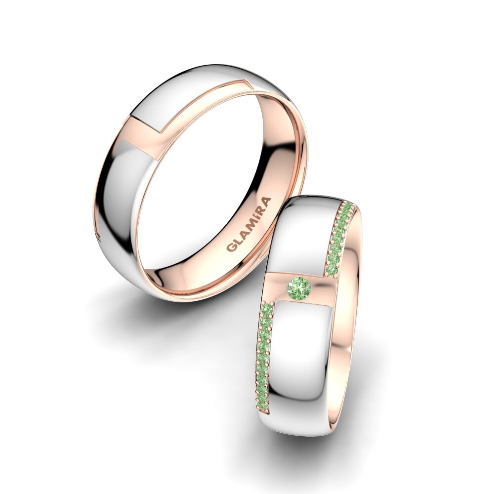 14k Oro Blanco & Rosa Diamante Verde Anillo de boda Sensual Waves 6 mm