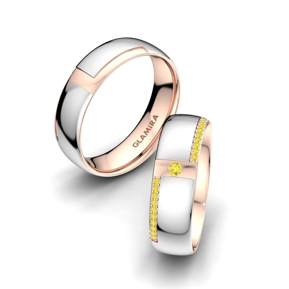 14k Oro Blanco & Rosa Zafiro amarillo Anillo de boda Sensual Waves 6 mm