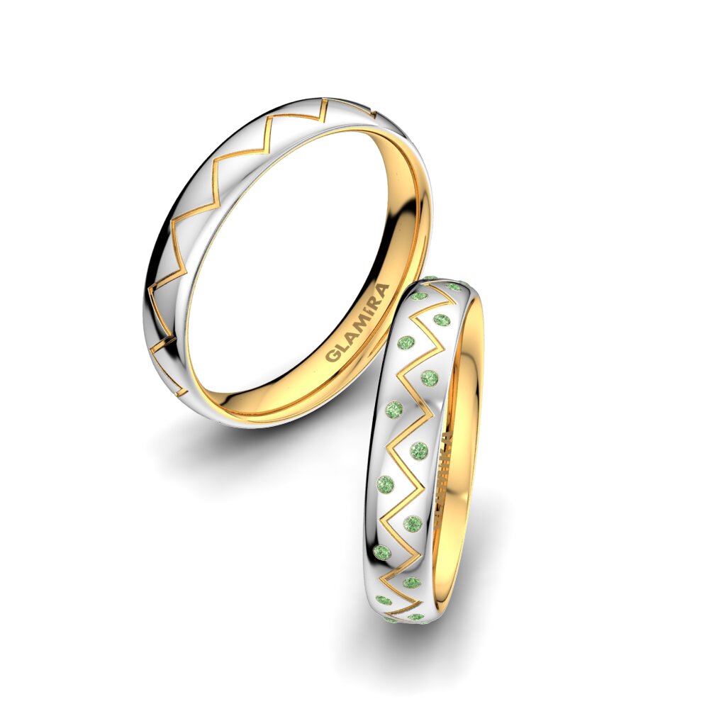 14k White & Yellow Gold Green Diamond Wedding Ring Unique Harmony 4 mm