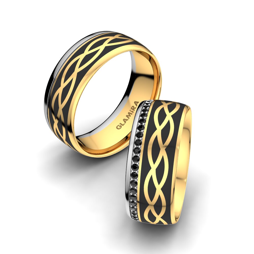 18k Oro Amarillo & Blanco Zafiro negro Anillo de boda Mystic shape 8 mm