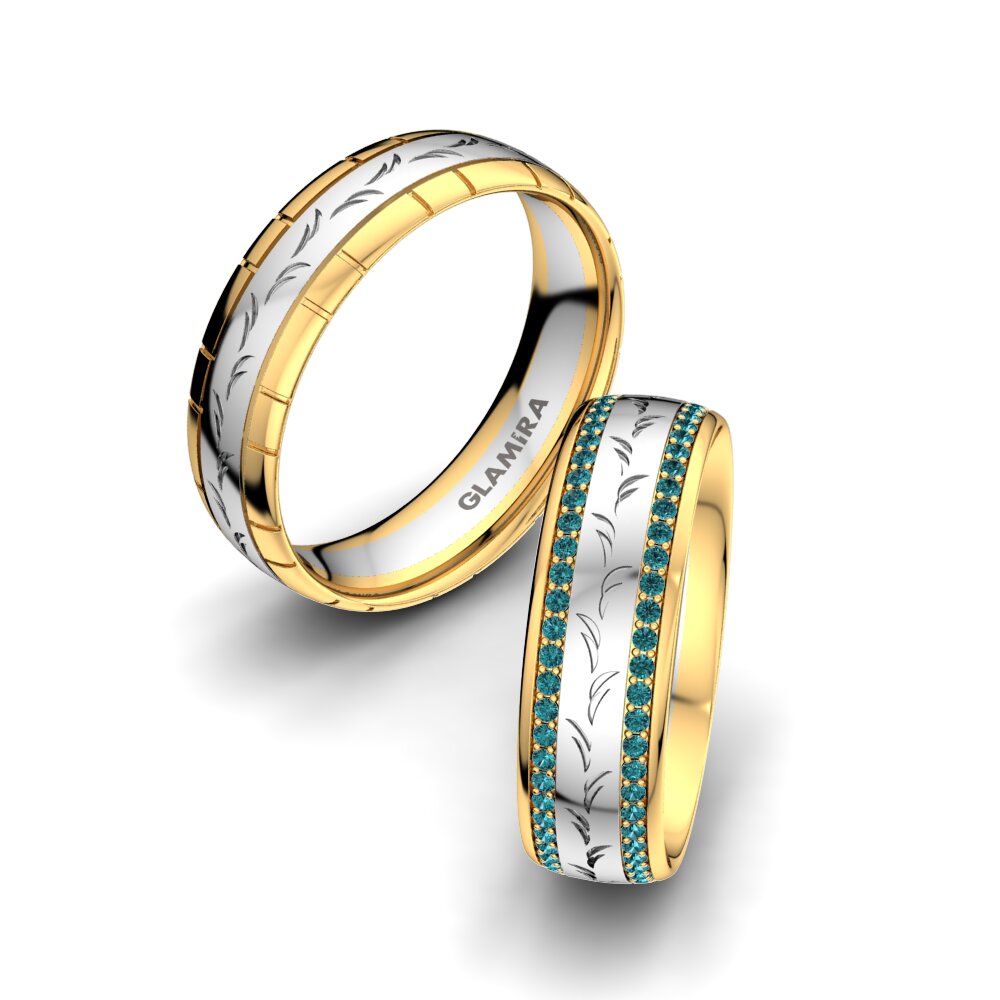 14k Oro Blanco & Amarillo Diamante Azul Anillo de boda Glorious Style 6 mm