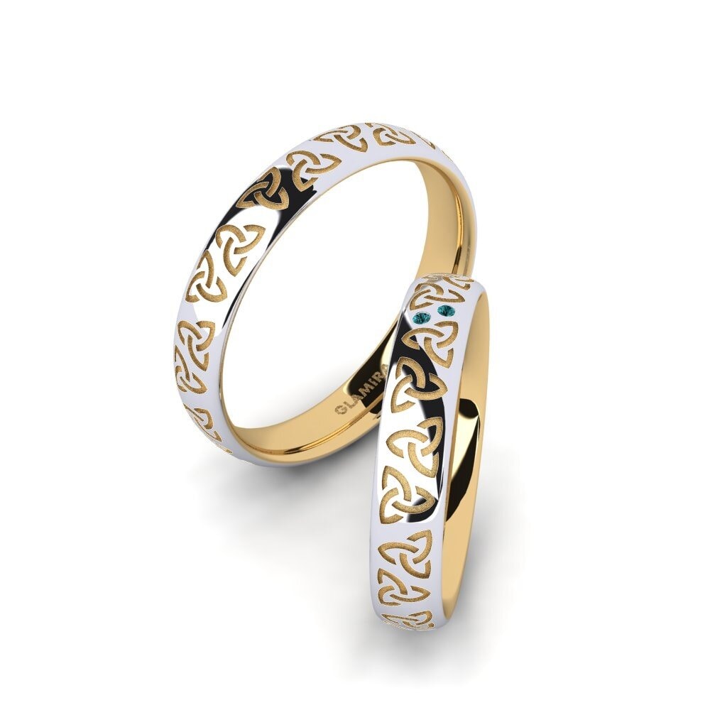 Amarelo & Branco-9K Diamante Azul Anel de Casamento Charming Harmony 4 mm