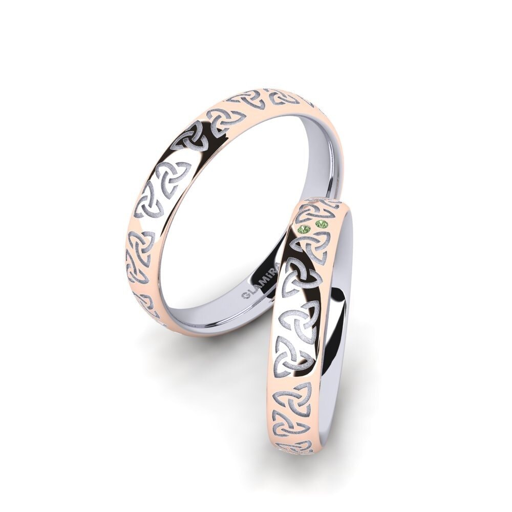 14k Oro Blanco & Rosa Diamante Verde Anillo de boda Charming Harmony 4 mm