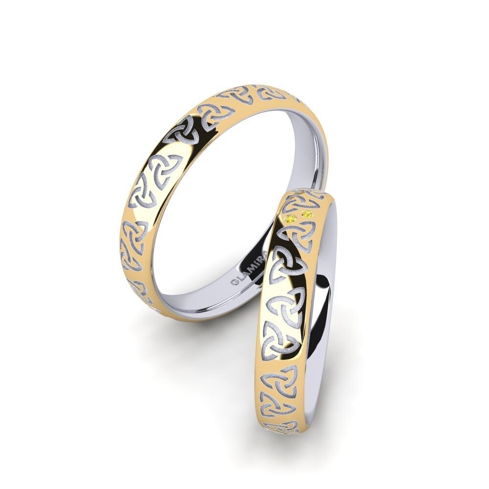 Ouro Amarelo Branco 14K Safira Amarela Anel de Casamento Charming Harmony 4 mm