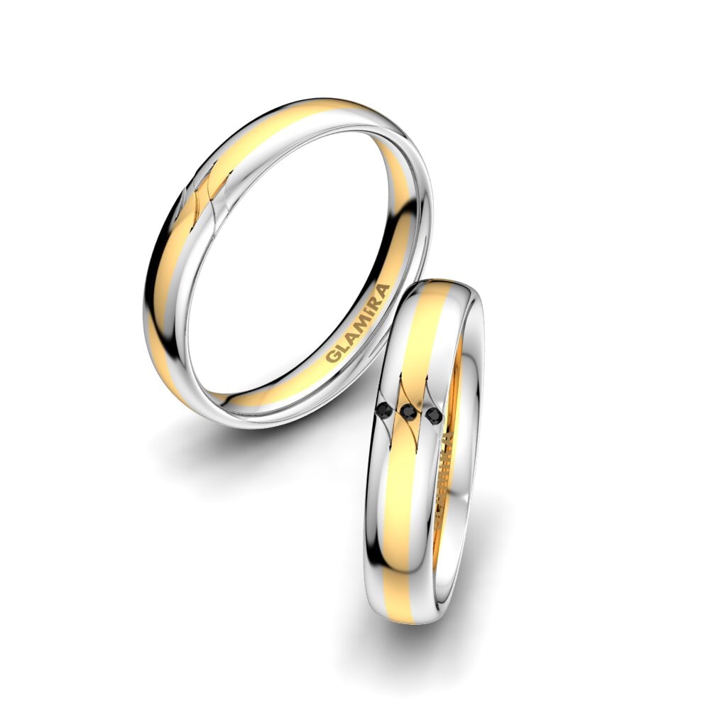 9k Oro Blanco & Amarillo Ónix Negro Anillo de boda Elegant Fortune 4 mm
