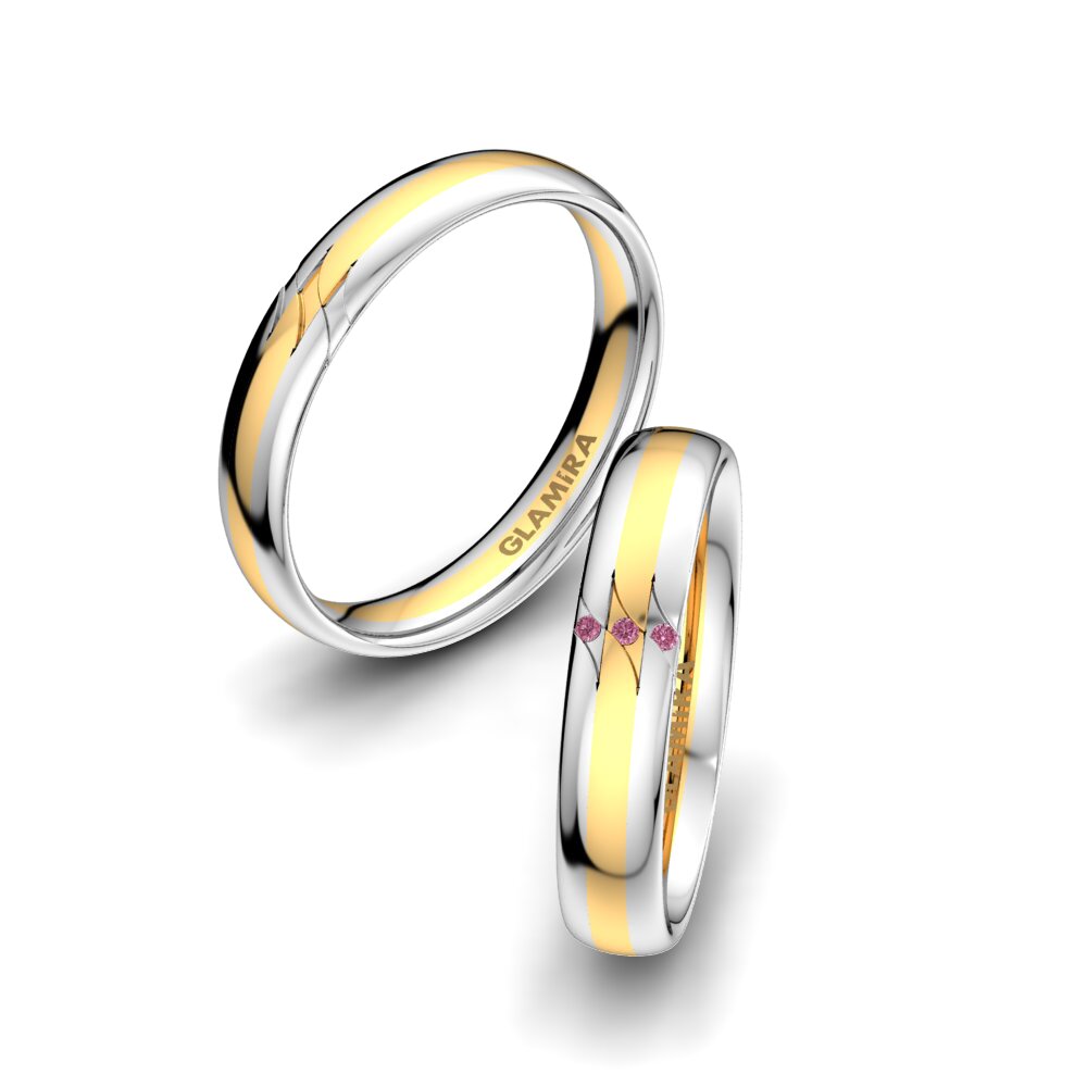 9k White & Yellow Gold Rhodolite Garnet Wedding Ring Elegant Fortune 4 mm