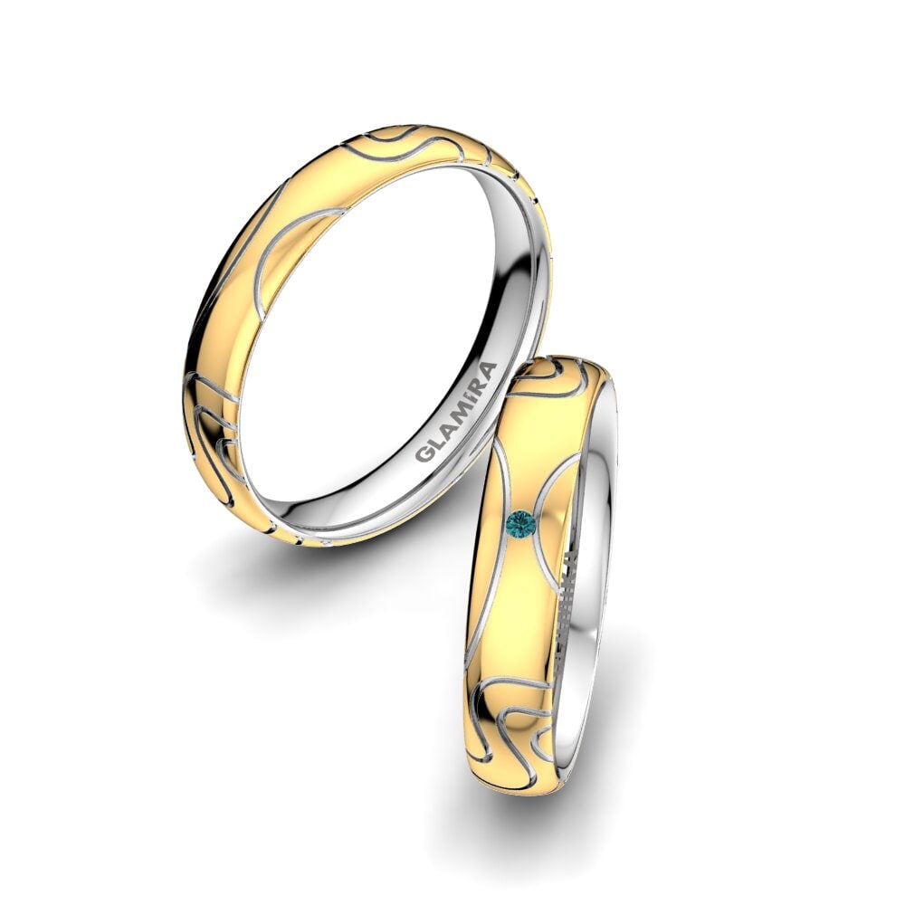 Amarelo & Branco-9K Diamante Azul Anel de Casamento Gorgeous Life 4 mm