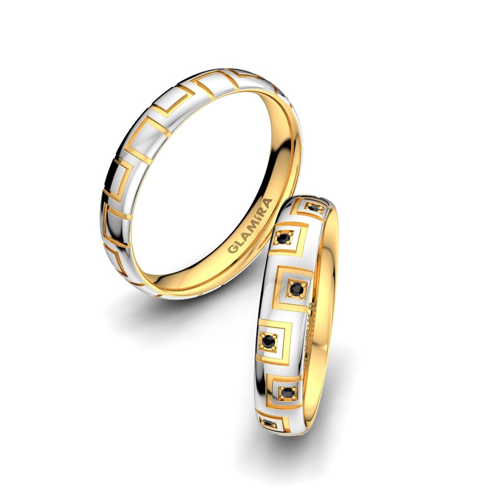 9k Oro Blanco & Amarillo Zafiro negro Anillo de boda Infinite Treasure 4 mm