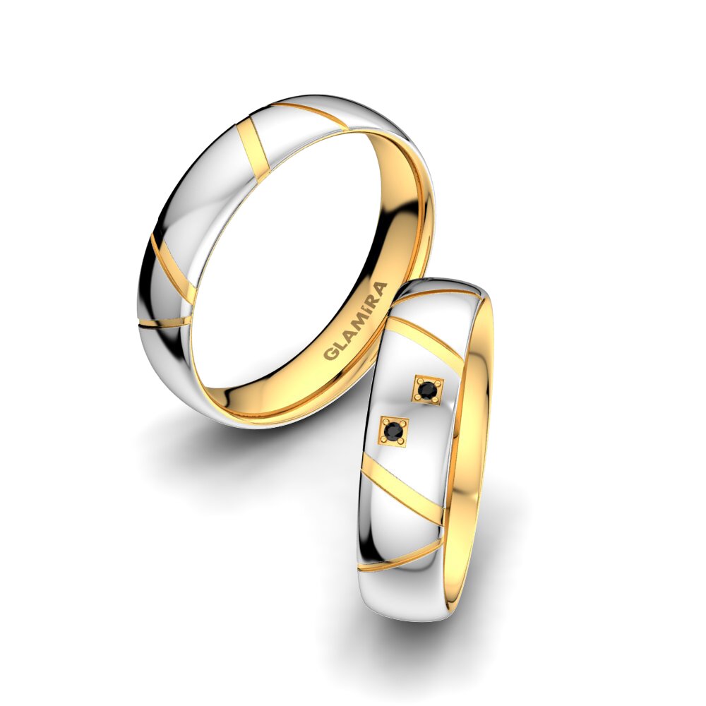 18k White & Yellow Gold Black Onyx Wedding Ring Romantic Life 5 mm