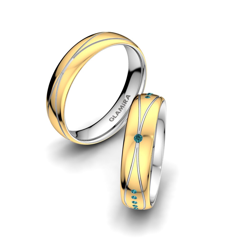 14ct Yellow & White Gold Blue Diamond Wedding Ring Glorious Line 5 mm