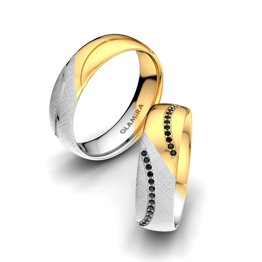 18k White & Yellow Gold Black Onyx Wedding Ring Glamour Kiss 6 mm
