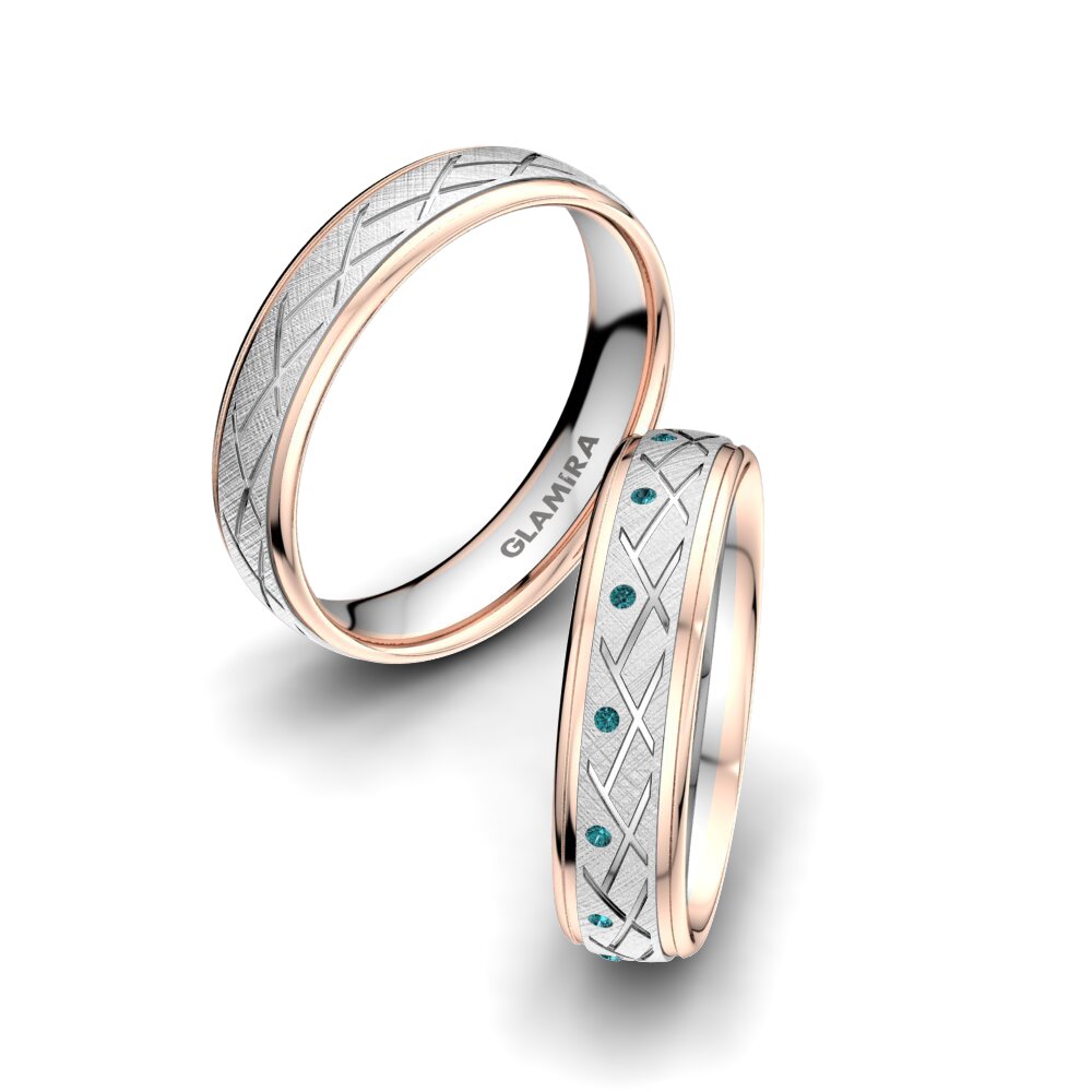 9k Oro Blanco & Rosa Diamante Azul Anillo de boda Florid Cross 5 mm