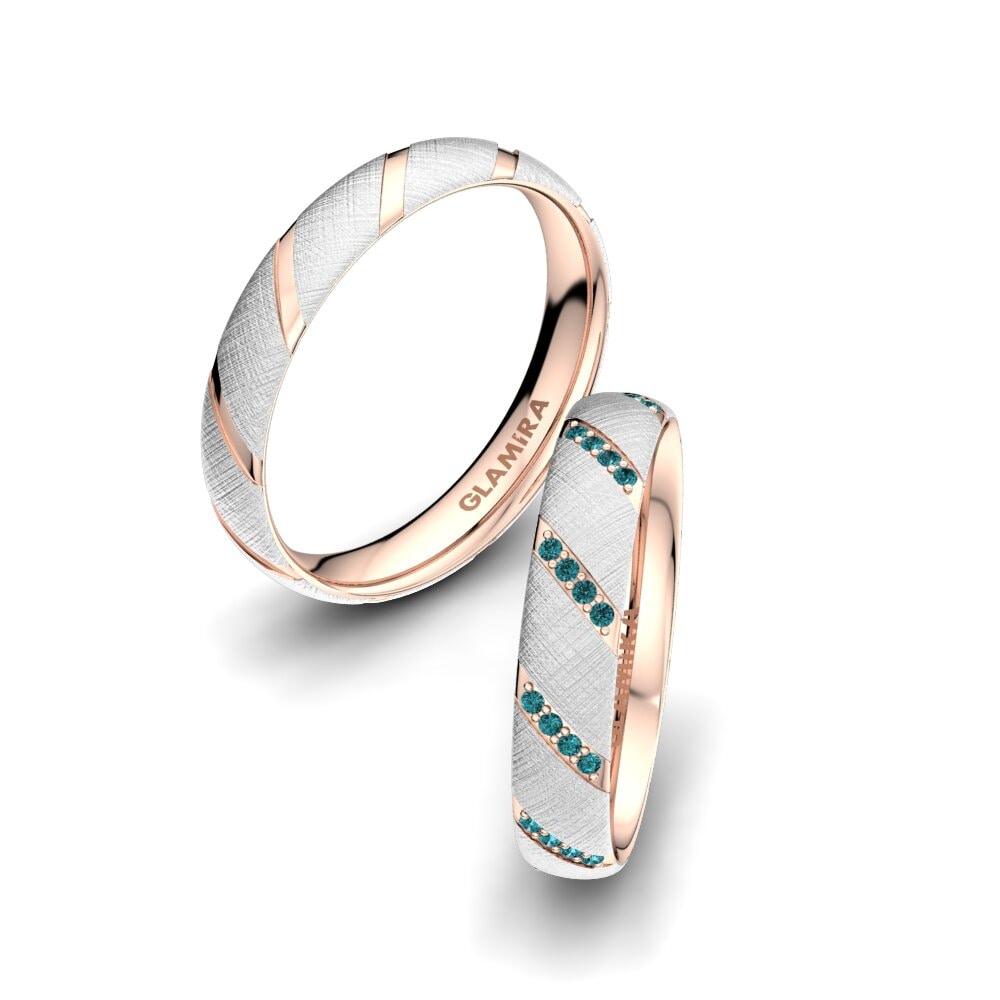 9k Oro Blanco & Rosa Diamante Azul Anillo de boda Attractive Love 4 mm