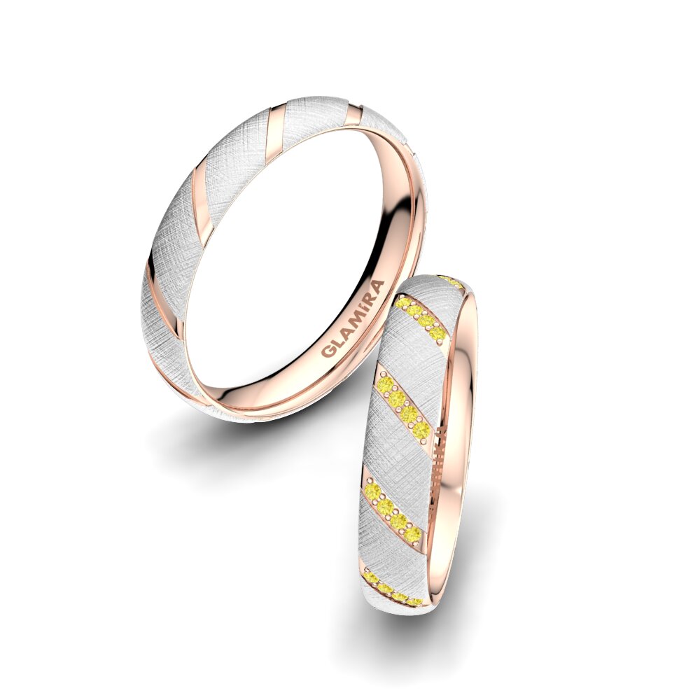 9k Oro Blanco & Rosa Zafiro amarillo Anillo de boda Attractive Love 4 mm