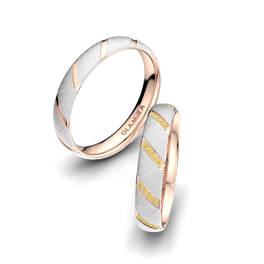 9k Oro Blanco & Rosa Diamante Amarillo Anillo de boda Attractive Love 4 mm